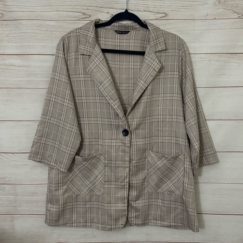 SHEIN Brown Tan Plaid Blazer XL One Button Lightweight Pockets